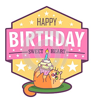 Vector birthday greeting card with fat cat and cake. Bright happy colors. Cute design in cartoon style