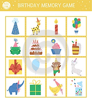 Vector Birthday memory game cards with traditional holiday symbols. Matching activity with funny characters. Remember and find