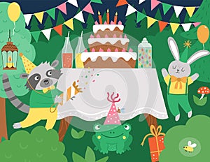 Vector Birthday party forest background with cute animals and table with cake. Funny holiday scene with candy bar, rabbit, raccoon