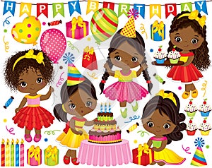 Vector Birthday Set with Little African American Girls and Party Elements