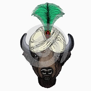 Vector bison head. Portrait of bull, buffalo. Animal and wizard hat. Sorcerer and magican