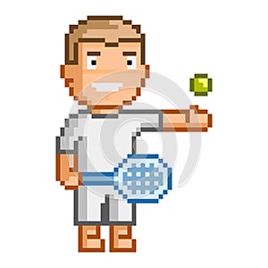 Vector pixel tennis player on white background