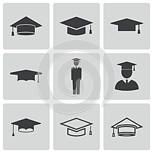 Vector black academic cap icons set