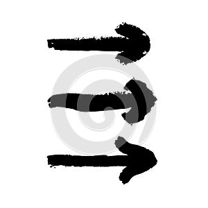 Vector black arrow shaped brush strokes isolated on white background, direction sign, icons set, isolated.