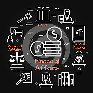 Vector black banner of legal proceedings - financial affairs icon