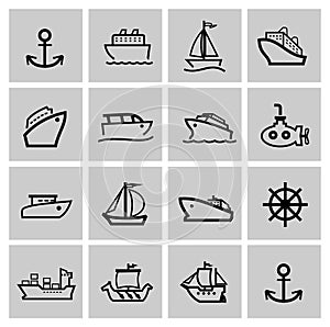 Vector black boat and ship icons set