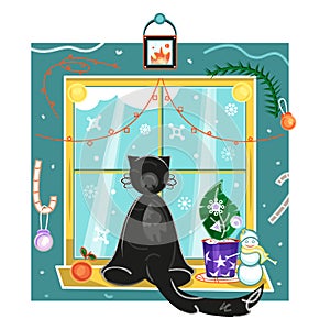 A vector black cat sitting near window at winter day