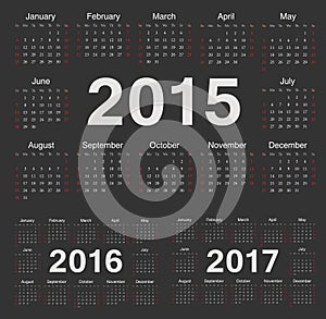 Vector black circle calendars 2015, 2016, 2017