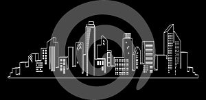 Vector black cities silhouette icon set on black. Night city lights