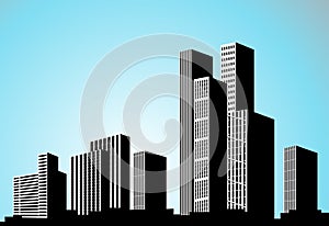 Vector black city silhouette. Background with buildings. City scene. Big skyscrapers panorama.