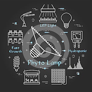Vector black concept of hydroponic and growth led light - phyto lamp bulb