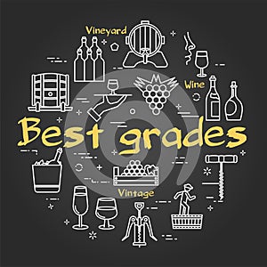 Vector black concept of winemaking with text Best Grades