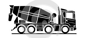 Vector black concrete mixer icon on white background, side view. Cement mixer truck. Stylish icon for logo. Modern flat vector