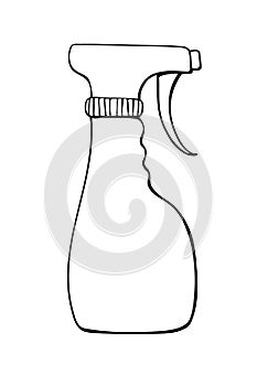 Vector black contour of sprayer, plastic bottle pulverizer in doodle style. Clip art on theme cleansing, gardening