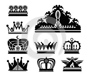 Vector black crown icons set on white