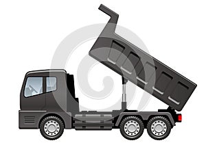 Vector Black Dump Truck Unloading Side View Illustration On A White Background.