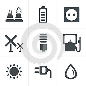 Vector black eco energy icons set on gray