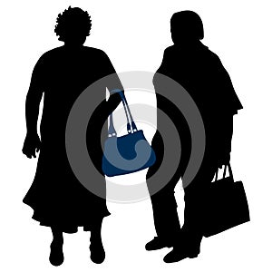 Vector black female silhouettes in full growth with bags. Women full physique isolated white background summer one in a dress, the