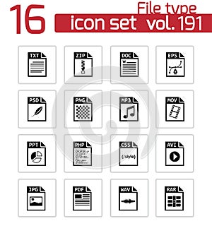 Vector black file type icons set