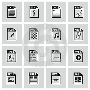 Vector black file type icons set