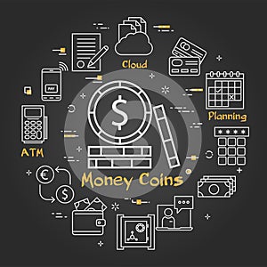 Vector black finance and banking concept - money coins
