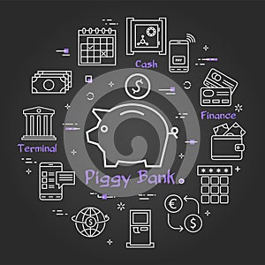Vector black finance and banking line concept - piggy bank