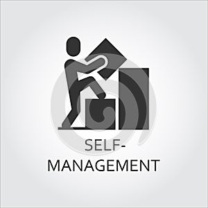 Vector black flat icon self-management as man builds graph