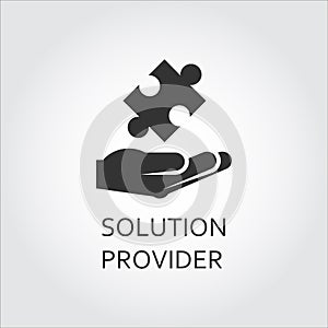 Vector black flat icon solution provider as hand giving puzzle.