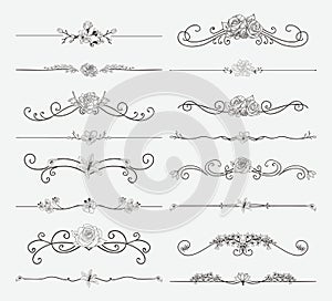 Vector Black Floral Dividers with Flowers and Swirls