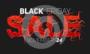 Vector Black Friday Sale text with red fire flames background. Wavy threads from red letters. Hot Black friday sale