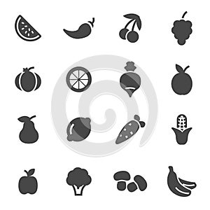 Vector black fruit and vegetables icons set