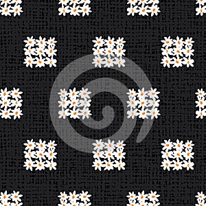 Vector black fun daisy flowers elegant squares repeat pattern with dark grey canvas background. Suitable for textile