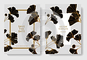 Vector. Black ginkgo leaf. Wedding white background card. Thank you, rsvp, invitation elegant card illustration graphic.