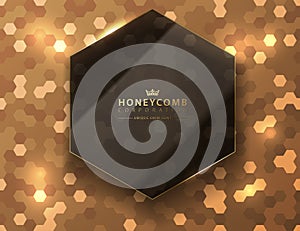 Vector black glass hexagon. Glossy luxury dark and golden line frame. Honeycomb shape logo header. Abstract hexagon glitter golden