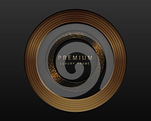 Vector black and gold abstract round luxury frame. Radial golden pattern, sparkling sequins on black background. Premium label