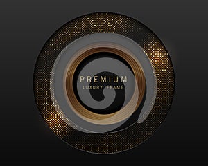 Vector black and gold abstract round luxury frame. Radial golden pattern, sparkling sequins on black background. Premium label