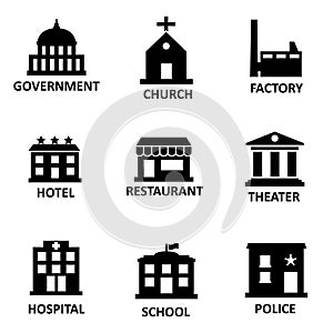 Vector black government building icons set