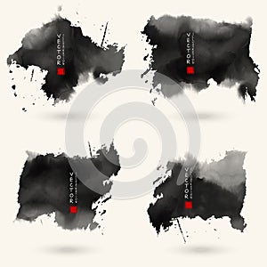 Vector black gray color brush strokes set. Watercolor monochrome Grunge isolated elements