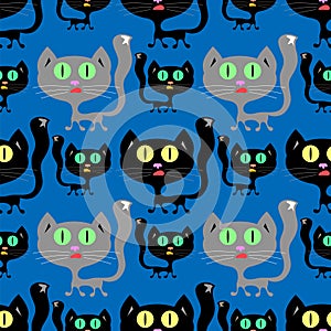Vector Black and Grey Cats Seamless Pattern on Blue Background