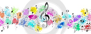 Vector Black and Grey Watercolor Textured Music Notes in Colorful Spatters and Splashes Background Banner