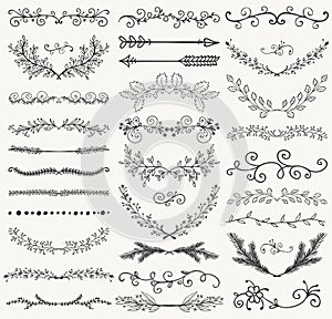 Vector Black Hand Drawn Dividers, Branches, Swirls