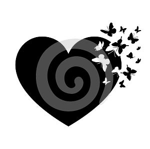 Vector black heart shape silhouette love symbol drawing illustration with flying butterflies