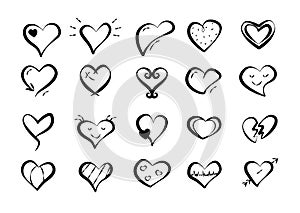 Vector black hearts set icons. Various options of creative heart drawings, valentine's day concept.