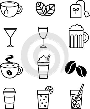 Vector black icons of different drinks