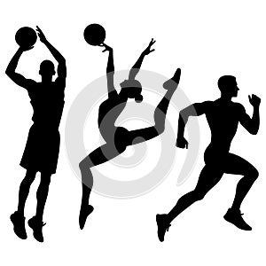 Vector black isolated icons silhouettes of athletes on white background. A basketball player taking a shot, a gymnast performing a