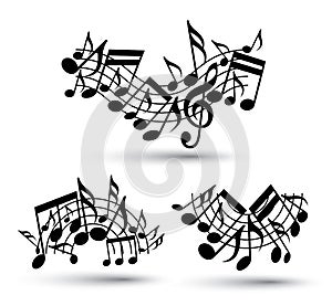 Vector black jolly wavy staves with musical notes on white background, decorative major arched set of musical notation symbols.