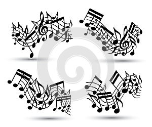 Vector black jolly wavy staves with musical notes on white background, decorative set of musical notation symbols.