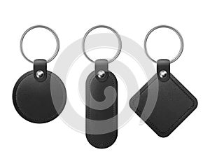 Vector black leather keychain with metal ring