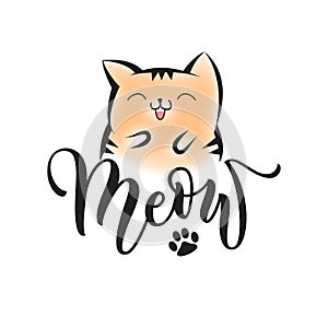 Vector black lettering Meow with cute smiling cat photo