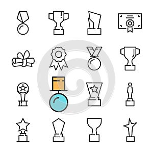 Vector black line Awards icons set. Includes such Icons as cup, Medal